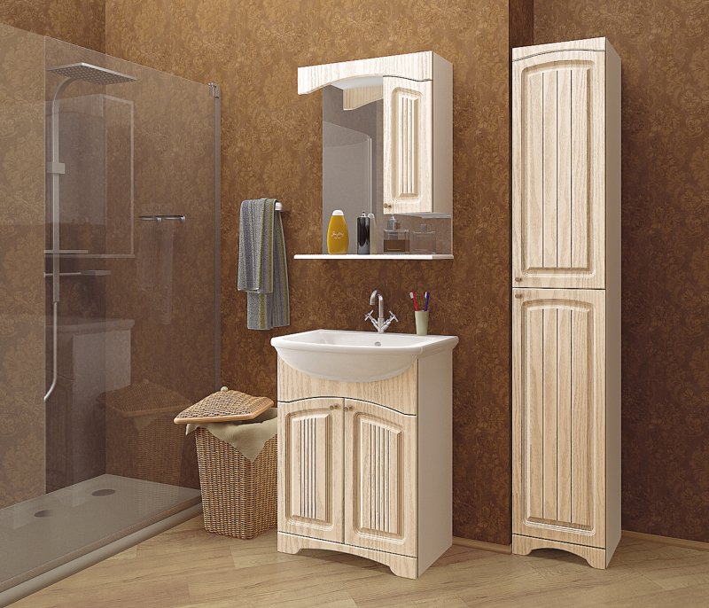 Набор мебели для ванной Mixline Крит-75 патина золото (зеркальный шкаф, пенал правый, тумба, раковина)